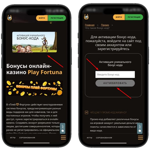 Применение промокодов в казино Play Fortuna
